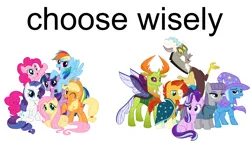 Size: 1518x854 | Tagged: safe, derpibooru import, applejack, discord, fluttershy, maud pie, pinkie pie, rainbow dash, rarity, starlight glimmer, sunburst, thorax, trixie, twilight sparkle, changedling, changeling, earth pony, pegasus, pony, unicorn, g4, glim gang, horn, image, king thorax, mane six, png, reformed four, simple background, white background