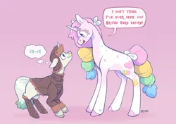 Size: 1483x1044 | Tagged: safe, artist:beyhr, derpibooru import, oc, oc:princess marshmallow fluff, oc:snowbird, unofficial characters only, earth pony, pony, unicorn, bow, clothes, cloven hooves, coat, coat markings, colored eyelashes, fake horn, hat, height difference, hoof boots, hooves, horn, image, multicolored hair, nervous, nervous sweat, png, speech bubble, tail, thought bubble, tied mane, tied tail, two toned tail, ushanka