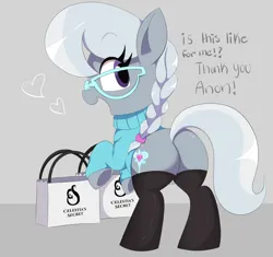 Size: 2000x1880 | Tagged: safe, artist:spoonie, derpibooru import, silver spoon, earth pony, pony, g4, bag, butt, clothes, female, filly, foal, glasses, heart, image, looking at you, looking back, looking back at you, png, shopping bag, socks, solo, stockings, sweater, text, thigh highs