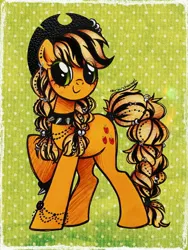 Size: 1536x2048 | Tagged: safe, artist:dariarchangel, derpibooru import, applejack, earth pony, pony, g4, adorable face, alternate accessories, alternate design, alternate hair color, alternate hairstyle, alternate mane color, alternate tail color, alternate tailstyle, applejack also dresses in style, applepunk, beads, blonde, blonde hair, blonde mane, blonde tail, bracelet, braid, braided pigtails, braided tail, c:, choker, cowboy hat, cute, cute face, cute smile, dyed hair, dyed mane, dyed tail, ear piercing, earring, emojack, female, freckles, glittery cutie mark, goth, gothic applejack, green eyes, hat, image, jackabetes, jewelry, jpeg, leather, mare, mascara, necklace, orange coat, patterned background, pearl bracelet, pearl necklace, piercing, pigtails, polka dots, raised hoof, ring, smiling, solo, spiked choker, spiked wristband, stetson, tail, tied hair, tied mane, tied tail, traditional art, two toned hair, two toned mane, two toned tail, wristband