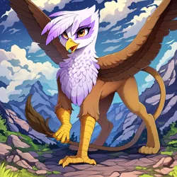 Size: 1408x1408 | Tagged: safe, ai content, anonymous prompter, derpibooru import, machine learning generated, gilda, gryphon, g4, beak, cloud, image, mountain, open beak, open mouth, outdoors, png, raised leg, solo, spread wings, wings