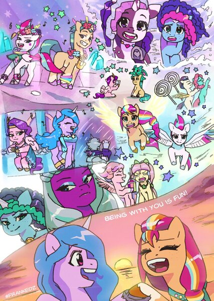 Size: 853x1200 | Tagged: safe, artist:frank3dz, derpibooru import, alphabittle (g5), hitch trailblazer, izzy moonbow, pipp petals, posey (g5), queen haven, rocky riff, sunny starscout, violette rainbow, zipp storm, alicorn, dragon, earth pony, pegasus, pony, unicorn, g5, my little pony: a new generation, applejack (g5), artificial horn, artificial wings, augmented, baby, baby dragon, eyes closed, female, fluttershy (g5), flying, grin, horn, image, jazz hooves, jpeg, magic, magic horn, magic wings, male, mane five, mane six (g5), mare, misty brightdawn, music notes, opaline arcana, open mouth, open smile, pinkie pie (g5), race swap, rainbow dash (g5), rarity (g5), ship:alphahaven, ship:rockjazz, shipping, smiling, stallion, straight, sunnycorn, sunset, twilight sparkle (g5), windy, wings