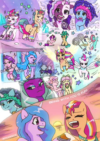 Size: 853x1200 | Tagged: safe, artist:frank3dz, derpibooru import, alphabittle (g5), hitch trailblazer, izzy moonbow, pipp petals, posey (g5), queen haven, rocky riff, sunny starscout, violette rainbow, zipp storm, alicorn, dragon, earth pony, pegasus, pony, unicorn, g5, my little pony: a new generation, applejack (g5), artificial horn, artificial wings, augmented, baby, baby dragon, eyes closed, female, fluttershy (g5), flying, grin, horn, image, jazz hooves, magic, magic horn, magic wings, male, mane five, mane six (g5), mare, misty brightdawn, music notes, opaline arcana, open mouth, open smile, pinkie pie (g5), png, race swap, rainbow dash (g5), rarity (g5), ship:alphahaven, ship:rockjazz, shipping, smiling, stallion, straight, sunnycorn, sunset, twilight sparkle (g5), windy, wings