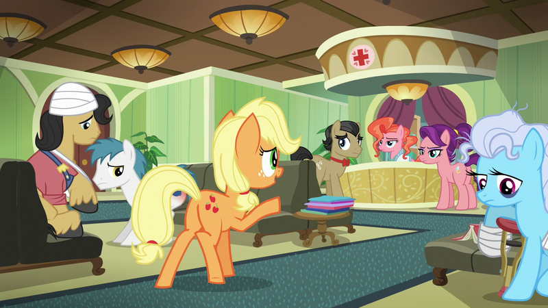 Size: 1280x720 | Tagged: safe, derpibooru import, screencap, applejack, filthy rich, peachy plume, pokey oaks, screw loose, spoiled rich, earth pony, pegasus, pony, g4, where the apple lies, caligula (g4), crutches, female, geneva convention violation, hospital, image, mare, photo, png, spoiled milk, teenage applejack, teenager, waving, younger