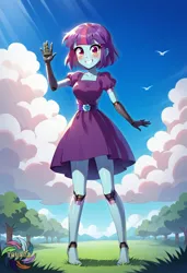 Size: 2496x3648 | Tagged: safe, ai content, derpibooru import, generator:civitai, machine learning generated, prompter:trux23, sunny flare, human, robot, g4, feet, female, grass, image, jpeg, looking at you, purple dress, standing, tree, waving, waving at you