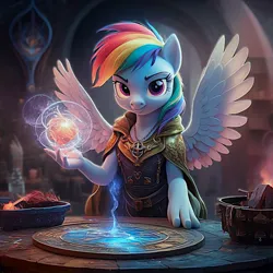 Size: 1024x1024 | Tagged: safe, ai content, derpibooru import, generator:ideogram 1.0, machine learning generated, prompter:creepystares, rainbow dash, anthro, pegasus, clothes, fantasy, female, image, jpeg, looking at you, magic the gathering, solo, spread wings, wings