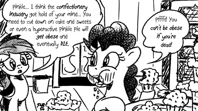 Size: 1200x675 | Tagged: safe, artist:pony-berserker, derpibooru import, pinkie pie, rainbow dash, cake, concerned, food, image, muffin, png, pony-berserker's twitter sketches, pony-berserker's twitter sketches (2024), sugarcube corner, the implications are horrible, this will end in death, this will end in tears, this will end in tears and/or death