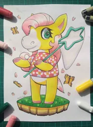 Size: 2845x3878 | Tagged: safe, artist:partypievt, derpibooru import, fluttershy, anthro, butterfly, insect, pony, animal crossing, bug net, crossover, image, png, traditional art