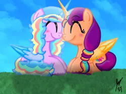 Size: 2160x1620 | Tagged: safe, artist:jesslmc16, derpibooru import, izzy moonbow, sunny starscout, alicorn, pony, g5, alicornified, alternate hairstyle, artificial horn, artificial wings, augmented, cloud, duo, duo female, eyes closed, female, grass, horn, image, izzy rainbow, lesbian, looking at each other, looking at someone, lying down, mane stripe sunny, mare, png, race swap, ship:moonscout, shipping, sky, smiling, smiling at each other, wings