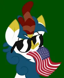 Size: 1035x1260 | Tagged: safe, artist:derpyalex2, derpibooru import, oc, oc:winter solace, unofficial characters only, kirin, american flag, flag, glasses, green background, image, jpeg, kirin oc, simple background, solo