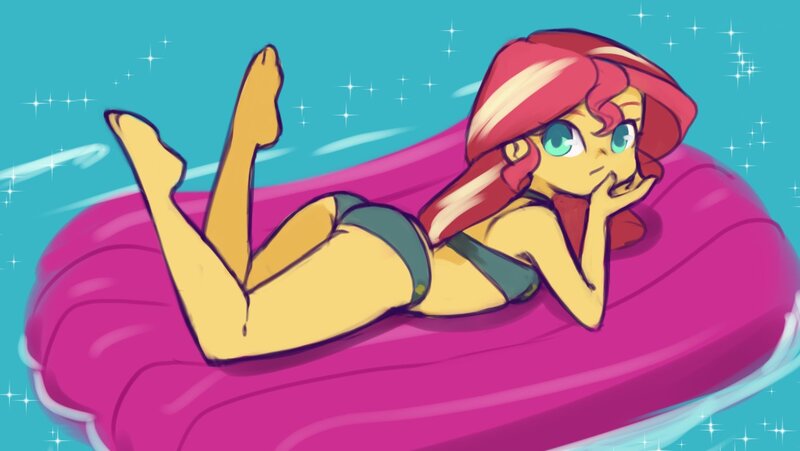 Size: 1402x791 | Tagged: safe, artist:drantyno, derpibooru import, sunset shimmer, human, equestria girls, g4, ass, barefoot, bikini, bunset shimmer, butt, clothes, feet, female, image, jpeg, solo, swimsuit, water