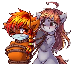 Size: 4164x3508 | Tagged: safe, alternate version, artist:chaosangeldesu, derpibooru import, oc, oc:flaming hoof, unofficial characters only, earth pony, pegasus, pony, bondage, commission, duo, image, one eye closed, one eye open, png, rope, rope bondage, simple background, sketch, transparent background