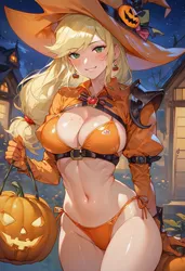 Size: 832x1216 | Tagged: suggestive, ai content, derpibooru import, generator:civitai, machine learning generated, prompter:doublerainbow, stable diffusion, applejack, human, g4, armor, belly, belly button, big breasts, bikini, breasts, busty applejack, clothes, female, generator:pony diffusion v6 xl, gloves, halloween, hat, holiday, humanized, image, jpeg, looking at you, outdoors, pumpkin, smiling, smiling at you, solo, solo female, stupid sexy applejack, swimsuit, unconvincing armor