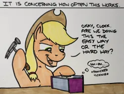 Size: 2048x1551 | Tagged: safe, artist:hoofclid, derpibooru import, applejack, earth pony, pony, g4, bust, clock, descriptive noise, dialogue, female, hammer, hoof hold, image, jpeg, mare, marker drawing, narrowed eyes, open mouth, open smile, percussive maintenance, smiling, solo, thought bubble, traditional art