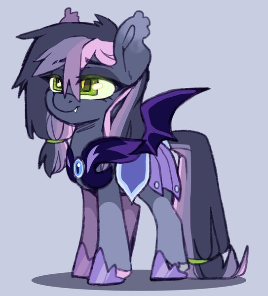 Size: 1876x2072 | Tagged: safe, artist:cheekipone, ponerpics import, oc, unofficial characters only, bat pony, pony, armor, armored pony, bat pony oc, bat wings, ear tufts, fangs, female, hair tie, image, jpeg, mare, night guard, night guard armor, peytral, simple background, solo, spread wings, standing, unshorn fetlocks, wings