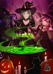 Size: 1471x2048 | Tagged: safe, artist:inkrred, derpibooru import, princess cadance, princess celestia, princess luna, cat, human, equestria girls, g4, bottle, candle, cauldron, choker, comic interpretation, elf ears, equestria girls interpretation, female, halloween, hat, holiday, horn, horned humanization, humanized, image, jack-o-lantern, jpeg, lidded eyes, looking at you, pumpkin, scene interpretation, smiling, smiling at you, trio, trio female, witch, witch hat, zoom layer