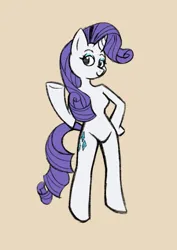 Size: 2894x4093 | Tagged: safe, artist:evilrida, derpibooru import, rarity, anthro, pony, unguligrade anthro, unicorn, g4, arm hooves, barbie doll anatomy, beige background, breasts, featureless breasts, featureless crotch, female, high res, hoof on hip, horn, image, looking at you, mare, png, pose, raised hoof, simple background, smiling, solo, standing