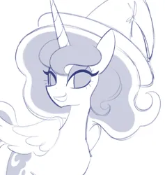 Size: 1590x1677 | Tagged: safe, artist:risswm, derpibooru import, princess luna, alicorn, pony, g4, female, hat, image, lidded eyes, mare, monochrome, no catchlights, open mouth, open smile, png, simple background, smiling, solo, white background, witch hat