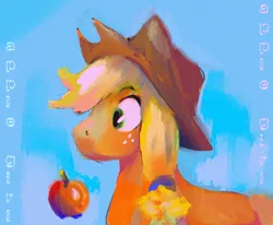 Size: 1236x1017 | Tagged: safe, artist:punkittdev, derpibooru import, applejack, earth pony, pony, g4, apple, bust, female, food, image, jpeg, mare, painterly, profile, solo, text