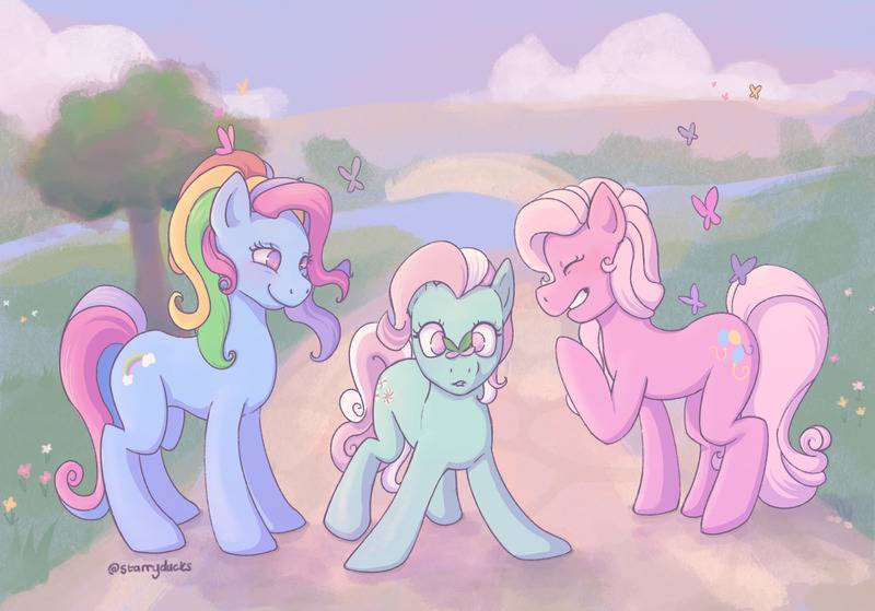 Size: 2048x1430 | Tagged: safe, artist:starryducks, derpibooru import, minty, pinkie pie (g3), rainbow dash (g3), butterfly, earth pony, insect, pony, g3, butterfly on nose, eyes closed, female, grin, image, insect on nose, jpeg, mare, no pupils, outdoors, signature, smiling, trio, trio female