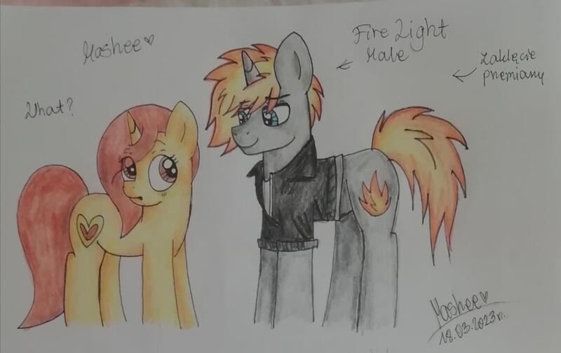 Size: 2974x1874 | Tagged: safe, artist:mashee, derpibooru import, oc, oc:fire light, oc:mashee, unicorn, g4, blue eyes, blushing, boyfriend and girlfriend, brown eyes, brown mane, clothes, duo, duo male and female, female, girlfriend, height difference, horn, image, jacket, jpeg, leather, leather jacket, looking at each other, looking at someone, male, mane of fire, pencil drawing, photo, rule 63, shocked, shocked expression, simple background, spell, tail, tail of fire, traditional art, transformation, white background