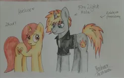 Size: 2974x1874 | Tagged: safe, artist:mashee, derpibooru import, oc, oc:fire light, oc:mashee, unicorn, g4, blue eyes, blushing, boyfriend and girlfriend, brown eyes, brown mane, clothes, duo, duo male and female, female, girlfriend, height difference, horn, image, jacket, jpeg, leather, leather jacket, looking at each other, looking at someone, male, mane of fire, pencil drawing, photo, rule 63, shocked, shocked expression, simple background, spell, tail, tail of fire, traditional art, transformation, white background