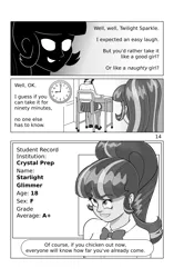 Size: 1732x2756 | Tagged: safe, artist:cybersquirrel, derpibooru import, sci-twi, starlight glimmer, twilight sparkle, human, comic:take a seat miss sparkle, equestria girls, g4, clock, clothes, comic, desk, dialogue, evil grin, grin, image, monochrome, png, school uniform, smiling, text