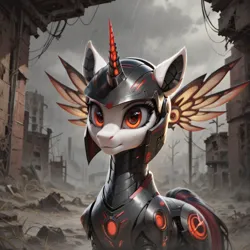 Size: 1024x1024 | Tagged: safe, ai content, derpibooru import, machine learning generated, stable diffusion, pony, alicorn armor, armor, generator:pony diffusion v6 xl, image, png, prompter:teonanakatle, solo, wasteland