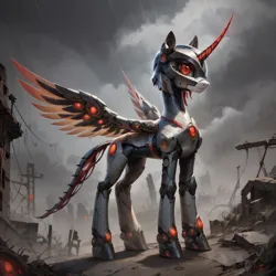 Size: 1024x1024 | Tagged: safe, ai content, derpibooru import, machine learning generated, stable diffusion, pony, alicorn armor, armor, generator:pony diffusion v6 xl, image, png, prompter:teonanakatle, solo, wasteland