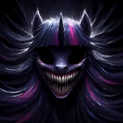 Size: 4096x4096 | Tagged: safe, ai content, anonymous prompter, machine learning generated, twilight sparkle, pony, unicorn, dark, dark eyes, generator:bing image creator, generator:dall-e 3, horror, image, long mane, png, sharp teeth, solo, teeth, twilight snapple