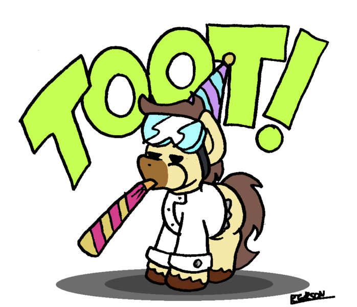 Size: 996x856 | Tagged: safe, artist:bobthedalek, derpibooru import, oc, oc:caspasin42, unofficial characters only, earth pony, pony, goggles, goggles on head, hat, image, party hat, party horn, png