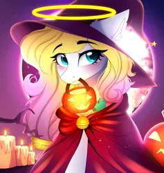 Size: 4087x4307 | Tagged: safe, artist:2pandita, derpibooru import, oc, oc:angel light, unofficial characters only, pony, candle, halo, hat, image, moon, mouth hold, night, outdoors, png, pumpkin bucket, solo, witch hat