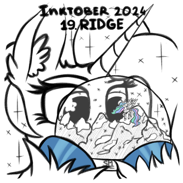 Size: 1000x1000 | Tagged: safe, artist:sunamoonmlp, derpibooru import, princess celestia, oc, alicorn, pony, g4, cute, female, horn, image, inktober, inktober 2024, png, snow, snow globe, wings