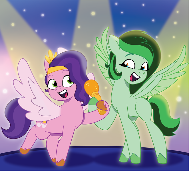 Size: 1801x1633 | Tagged: safe, artist:prixy05, derpibooru import, pipp petals, oc, oc:eden shallowleaf, pegasus, pony, g5, my little pony: tell your tale, commission, duo, duo female, female, image, mare, microphone, png, singing, spotlight, spread wings, wings