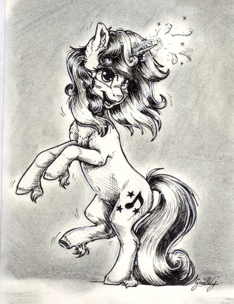 Size: 1653x2145 | Tagged: safe, artist:gaelledragons, derpibooru import, oc, unofficial characters only, pony, unicorn, black and white, female, grayscale, horn, image, jpeg, mare, monochrome, rearing, solo, traditional art, unshorn fetlocks