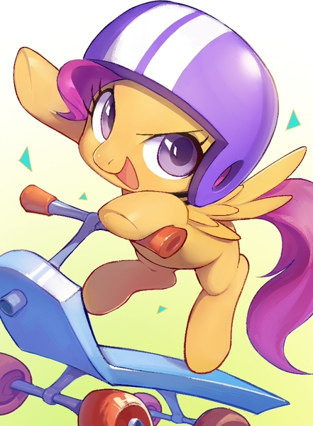 Size: 688x937 | Tagged: safe, artist:ciciya, derpibooru import, scootaloo, pegasus, pony, g4, badass, badass adorable, blank flank, cute, cutealoo, female, filly, foal, gradient background, helmet, image, jpeg, looking at you, open mouth, open smile, scooter, smiling, smiling at you, solo, spread wings, wings