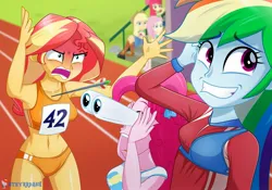 Size: 1713x1200 | Tagged: safe, artist:steyrrdash, derpibooru import, apple bloom, applejack, fluttershy, pinkie pie, rainbow dash, sunset shimmer, human, equestria girls, g4, angry, arrow, clothes, cross-popping veins, derpibooru exclusive, emanata, female, image, jpeg, ouch, shorts, sports bra, sports outfit, sports shorts