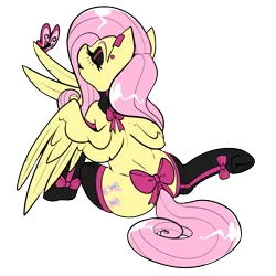 Size: 1000x1000 | Tagged: safe, artist:twoshoesmcgee, derpibooru import, fluttershy, butterfly, insect, pegasus, g4, bow, clothes, collar, female, goth, image, lipstick, makeup, piercing, png, simple background, socks, solo, transparent background