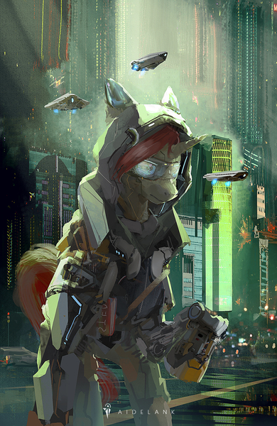 Size: 1500x2306 | Tagged: safe, artist:aidelank, derpibooru import, oc, oc:raven quill, unofficial characters only, cyborg, pony, unicorn, commission, cyber legs, cyberpunk, horn, image, jpeg, male, solo, stallion