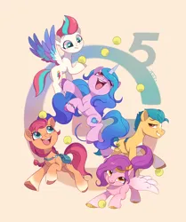 Size: 2878x3447 | Tagged: safe, artist:drtuo4, derpibooru import, hitch trailblazer, izzy moonbow, pipp petals, sunny starscout, zipp storm, earth pony, pegasus, pony, unicorn, g5, adorapipp, adorazipp, badge, bag, ball, cute, female, hitchbetes, horn, image, izzy's tennis ball, izzybetes, jpeg, male, mane five, mare, open mouth, satchel, stallion, sunnybetes, tennis ball