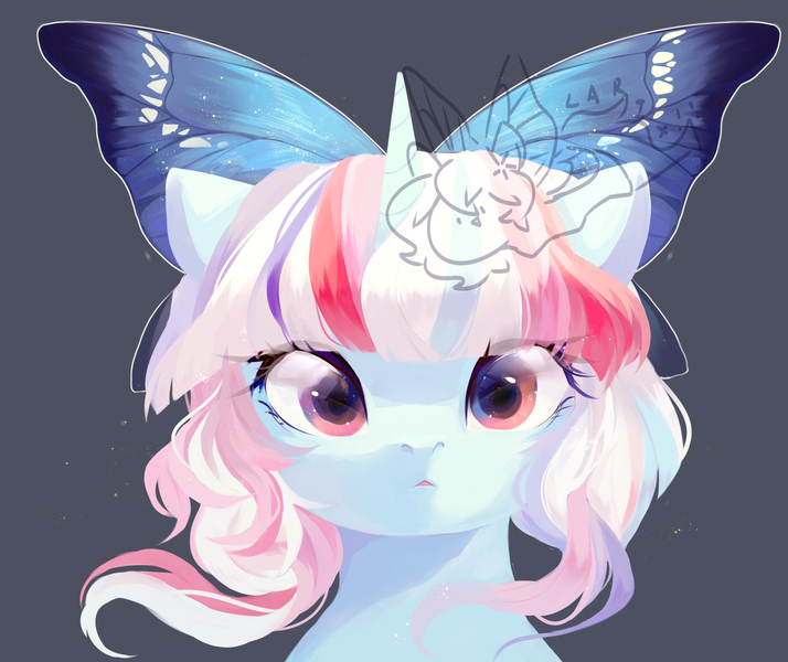 Size: 2880x2420 | Tagged: safe, artist:larix-u, derpibooru import, oc, unofficial characters only, pony, unicorn, bust, female, gray background, horn, image, jpeg, mare, simple background, solo, watermark