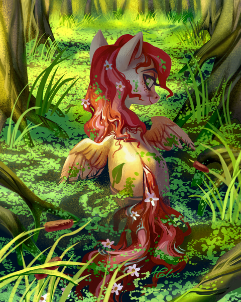 Size: 1102x1378 | Tagged: safe, artist:holivi, derpibooru import, oc, unofficial characters only, pegasus, pony, g4, cattails, female, flower, flower in hair, forest, freckles, image, jungle, looking at you, looking back, looking back at you, mare, nature, partially submerged, png, pond, rear view, reeds, signature, smiling, solo, spread wings, swamp, tree, water, wings