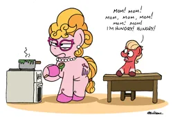 Size: 2410x1626 | Tagged: safe, artist:bobthedalek, derpibooru import, phyllis cloverleaf, sprout cloverleaf, earth pony, pony, g5, my little pony: a new generation, spoiler:g5, adoraphyllis, colt, colt sprout cloverleaf, cooking, cute, female, foal, glasses, image, inconvenient sprout, jewelry, male, mare, mother and child, mother and son, necklace, oven, pan, phyllis cloverleaf is not amused, png, pot, stove, table, unamused, younger