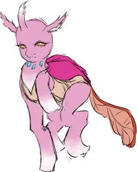 Size: 1260x1582 | Tagged: safe, artist:parasiteco, ponerpics import, oc, oc:princess, unofficial characters only, changedling, changeling, pony, blue gems, cyan gems, fangs, female, food, gradient hooves, hot pink, image, jpeg, mare, orange, orange eyes, photo, pink, protruding teeth, reformed, simple background, solo, underbelly