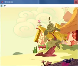 Size: 642x541 | Tagged: safe, artist:alethila, derpibooru import, screencap, fighting is magic, dirt, evening, fighting is magic aurora, grass, houses, image, png, ponyville, tree, yellow sky