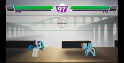 Size: 1169x598 | Tagged: safe, artist:alethila, derpibooru import, screencap, rainbow dash, vinyl scratch, fighting is magic, g4, reflections, spoiler:comic, bridge, fog, game, gameplay, hud, image, png, shadow, unreal engine