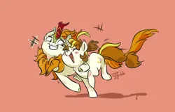 Size: 1400x900 | Tagged: safe, artist:drtuo4, derpibooru import, autumn blaze, oc, oc:dr tuo, kirin, pony, unicorn, g4, :d, blushing, emanata, eyes closed, female, grin, hoof around neck, horn, image, jpeg, mare, open mouth, open smile, red background, simple background, smiling