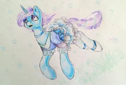 Size: 1592x1080 | Tagged: safe, artist:amishy, derpibooru import, diamond mint, pony, unicorn, g4, clothes, dress, female, horn, image, jpeg, mare, solo, traditional art