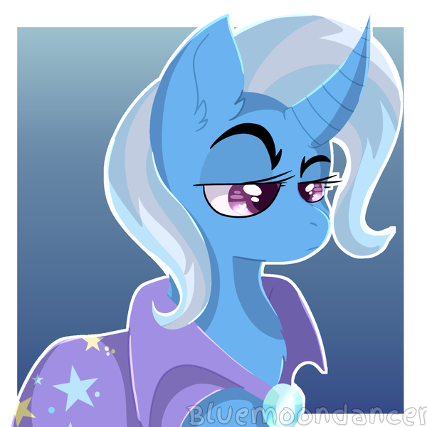 Size: 1640x1639 | Tagged: safe, artist:bluemoon, derpibooru import, trixie, pony, unicorn, g4, brooch, cape, clothes, curved horn, ear fluff, eyebrows, female, horn, image, jewelry, looking down, mare, out of frame, png, raised eyebrow, signature, solo, trixie's brooch, trixie's cape, unamused