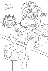 Size: 1019x1500 | Tagged: suggestive, artist:sepiakeys, derpibooru import, princess celestia, anthro, unguligrade anthro, cake, clothes, dress, female, food, image, monochrome, png, socks, solo, solo female, stockings, thigh highs